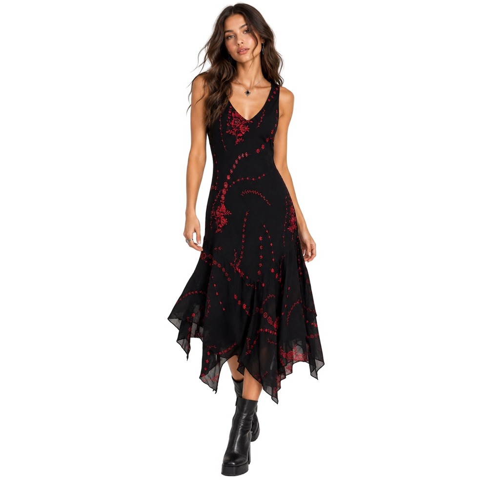 Vintage Y2K Floral Beaded Handkerchief Hem Midi Dress Eva Blue Black Red 14